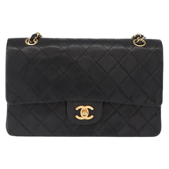 CHANEL Matelasse 25 Double Flap Chain Bag Lamb Skin Black Gold CC Auth 156636SAV - Picture 2 of 16